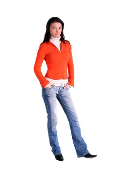 A young handsome woman standing in front of a white background.