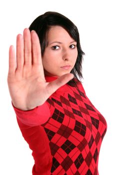 A young handsome woman stops someone. All isolated on white background.