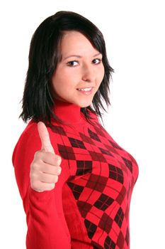 A young handsome woman praises someone. All isolated on white background.