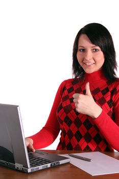 A young handsome woman working at the notebook computer. All isolated on white background.