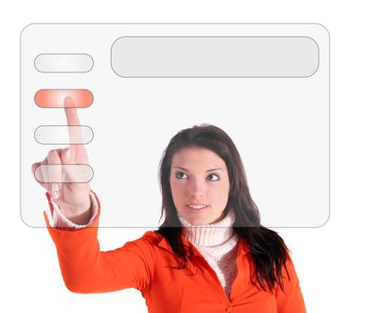 A young woman using a modern interface menu. All isolated on white background.