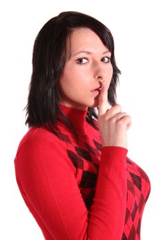 A young handsome woman asks for silence. All isolated on white background.