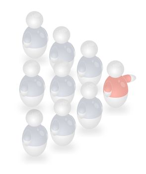 A troup of stylized persons following their leader. All isolated on white background.