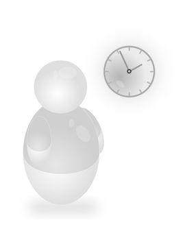 A stylized person standing next to a wall clock. All islated on white background.