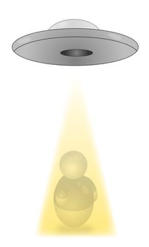 An ufo catching a stylized person with a yellow beam. All isolated on white background.