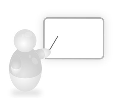 A stylized person points at a blackboard. All isolated on white baackground.