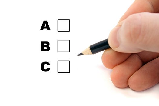 Somebody does a multiple choice test. All isolated on white background.
