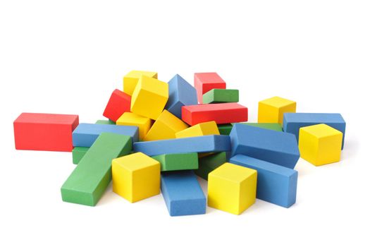A wild pile of multicolored blocks. All isolated on white background.