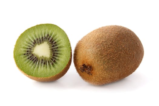 A sliced kiwi fruit showing the green flesh. All isolated on white background.