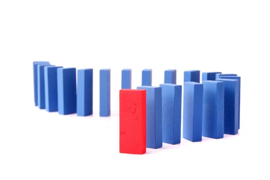 A line of blue dominoes with a single red block at first position. All isolated on white background.