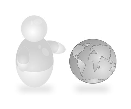 A stylized person pointing at the earth in grey tone. All isolated on white background.