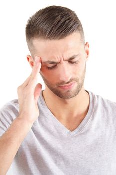 A handsome man got a bad headache. All isolated on white background.