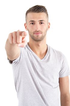 A handsome man picks someone or something. All isolated on white background.