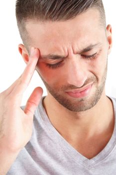 A handsome man got a bad headache. All isolated on white background.