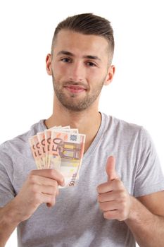 A handsome man has made some money. All isolated on white background.