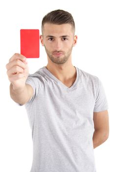 A handsome man shows someone a red card. All isolated on white background.