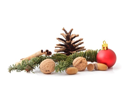 Various nuts a fir cone and red glitter ball in front of white background.