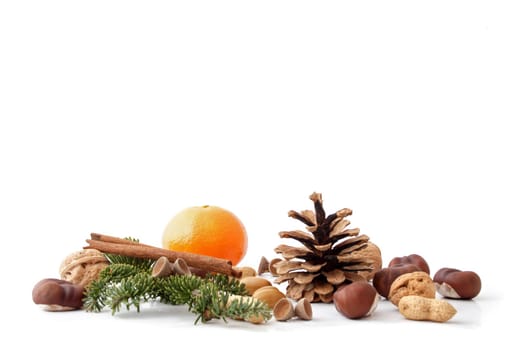 Various nuts a fir cone and clementine in front of white background.