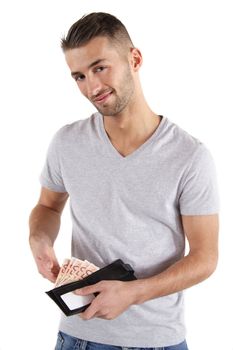 A handsome man got some cash in his wallet. All isolated on white background.