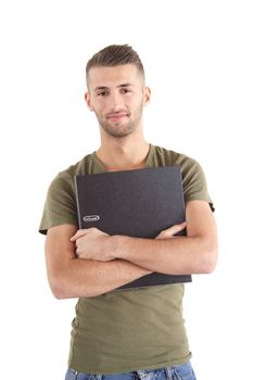 A smarting student carrying some documents. All isolated on white background.