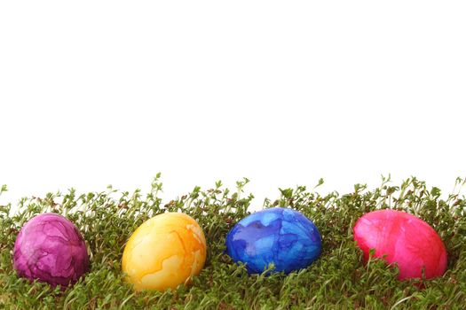 Four painted easter eggs lying in the grass. All isolated on white background.