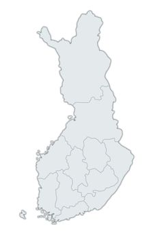 A stylized map of Finland showing the different provinces. All isolated on white background.