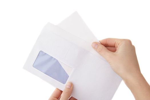 A person opens an envelope. All isolated on white background.