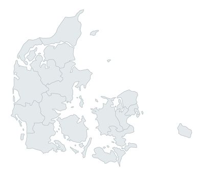 A stylized map of Denmark showing the different provinces. All isolated on white background.