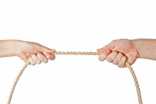 Two hands pulling a rope. All isolated on white background.