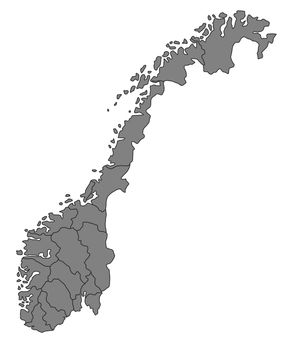 A stylized map of Norway showing the different provinces. All isolated on white background.