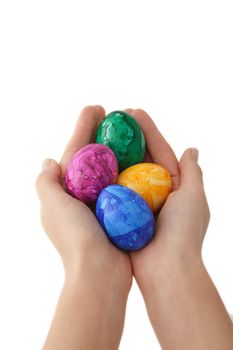 A person holding four painted eggs. All isolated on white background.