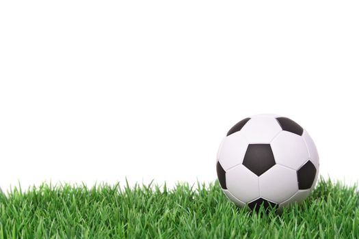 A fine green meadow with a soccer ball on it. All on white background.