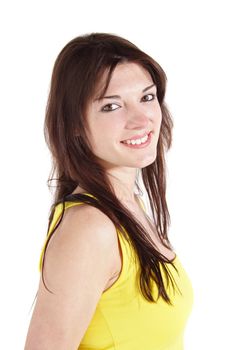 An adorable young woman smiling. All on white background.