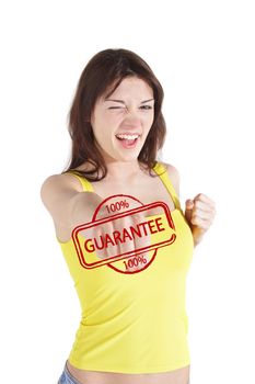 A handsome young woman boxing on a guarantee stamp. All on white background.