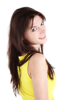 A handsome young woman with an adorable look. All on white background.