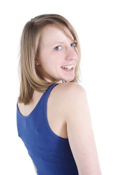 A handsome young woman with an adorable look. All on white background.