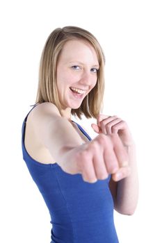 A handsome young woman boxing. All on white background.
** Note: Shallow depth of field.