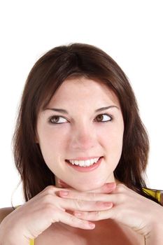 An adorable young woman smiling. All on white background.