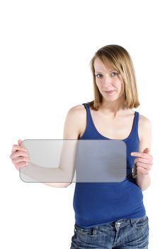 A handsome young woman holding an illustrated sign. All on white background.