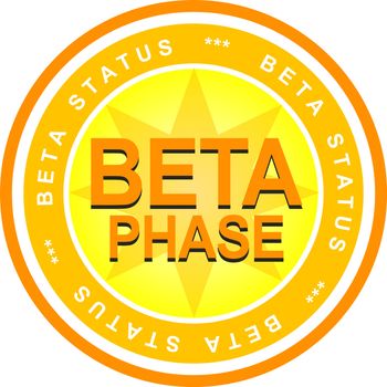 An illustrated badge that declares a beta status. All on white background.