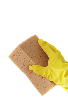 A cleaner holding a sponge. All isolated on white background.