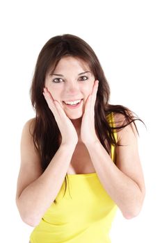 An amazed woman in front of white background.