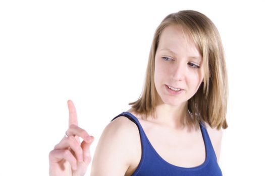 A handsome young woman pointing at something. All on white background.
** Note: Slight blurriness, best at smaller sizes.