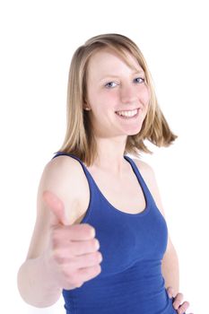 Attractive teenage girl showing thumbs up with both hands. All on white background.