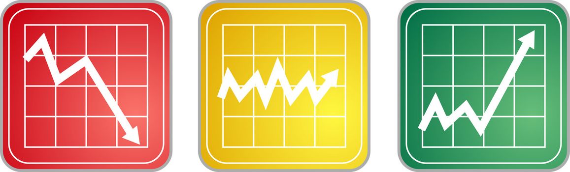 Three different icons symbolizing various trends on a stock market.