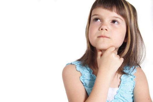 A young girl thinking about something. All isolated on white background.