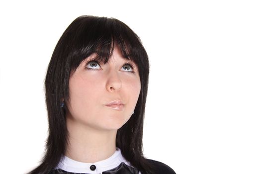 An attractive young woman deliberates a decision. All isolated on white background.