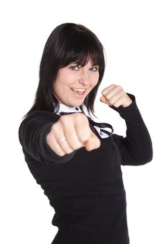 An attractive young woman boxing. All isolated on white background.