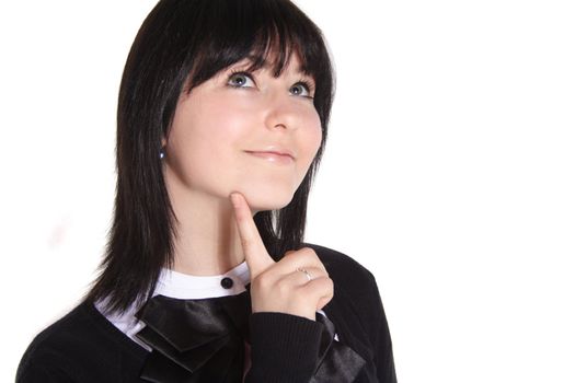 An attractive young woman deliberates a decision. All isolated on white background.