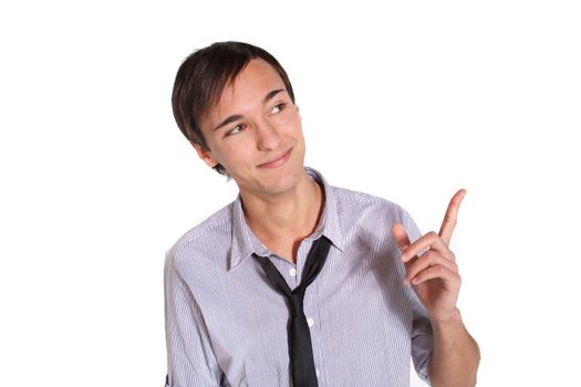 A handsome young man points at something. All isolated on white background.